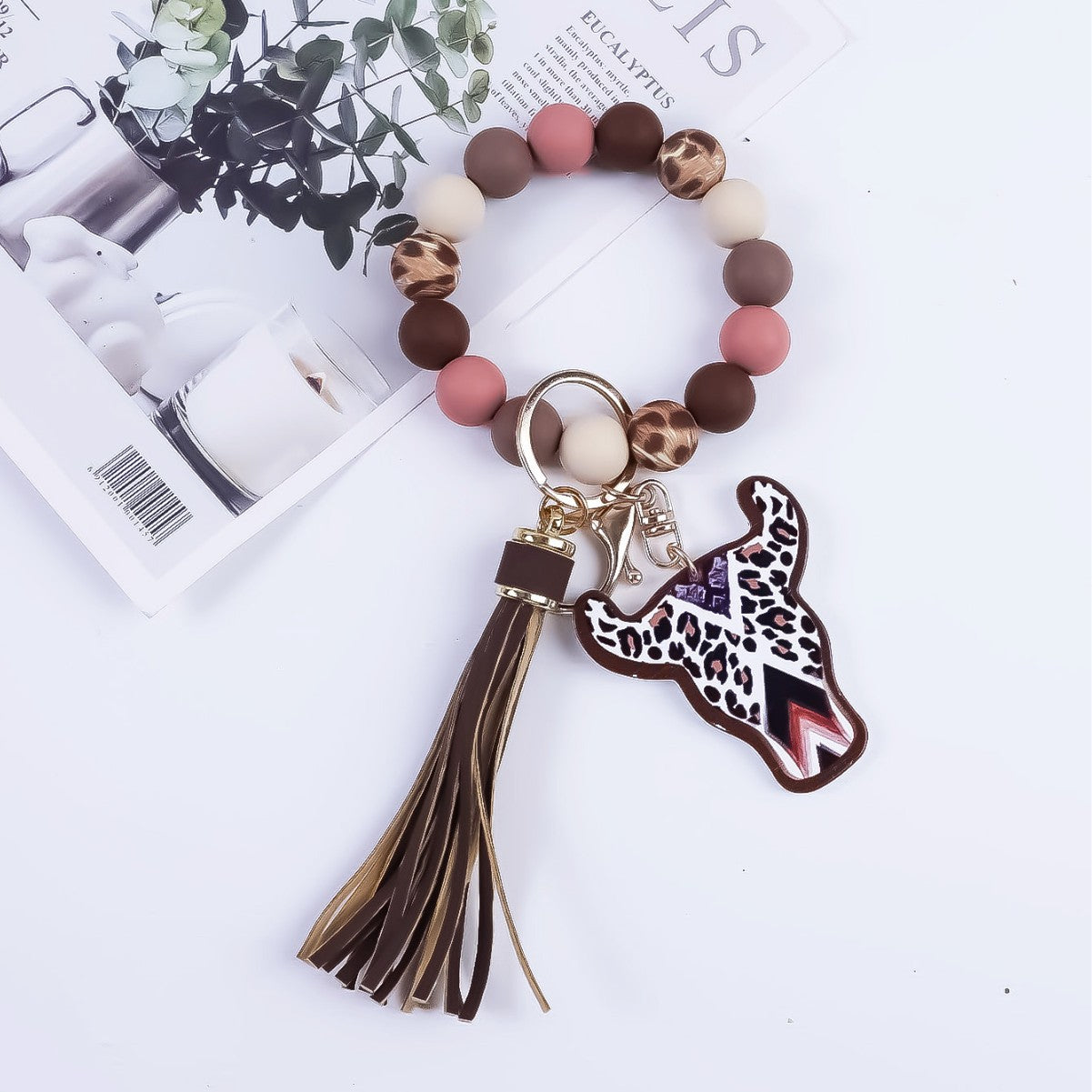 Wholesale Western Style Silicone Beaded Tassel Wooden Keychain