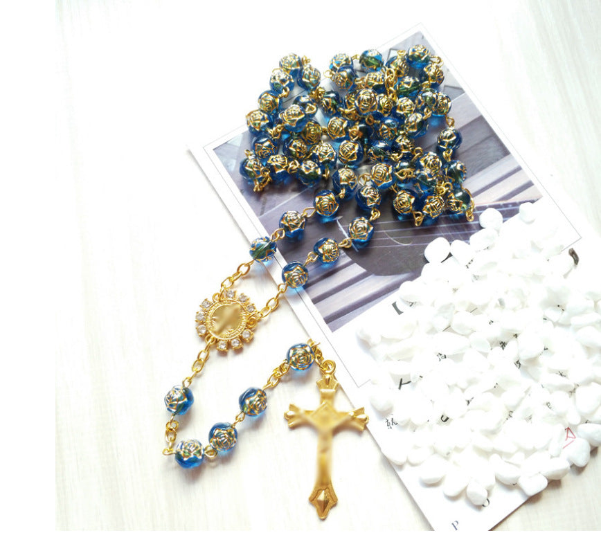 Wholesale Hand-strung Long Sweater Chain with Blue Gilt Rose Beads