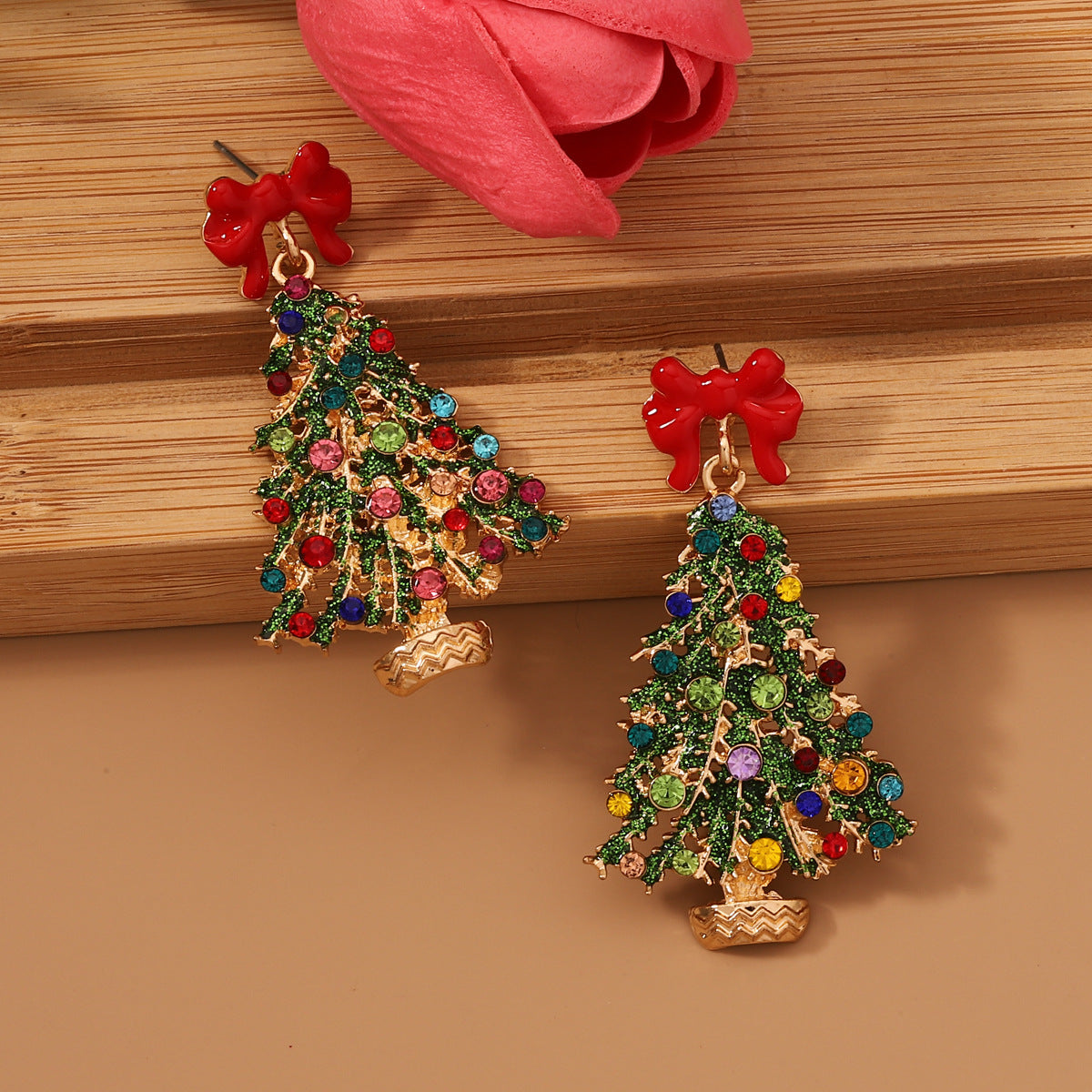 Wholesale Christmas Colored Christmas Tree Alloy Drip Oil Set Colorful Diamond Earrings
