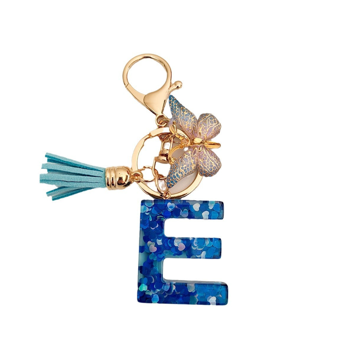 Wholesale blue crystal epoxy letter key chain pendant resin sequined butterfly key chain