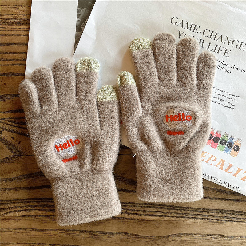 Wholesale Winter Letter Touch Screen Warm and Cold-proof Cycling Plush Knitted Five-finger Gloves