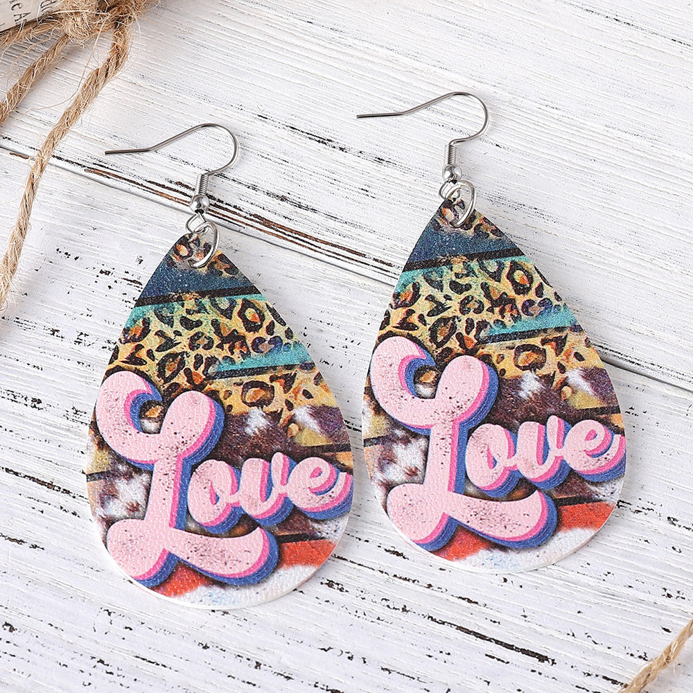 Wholesale Valentine' s Day Love Leopard Pattern Love Water Drop Earrings