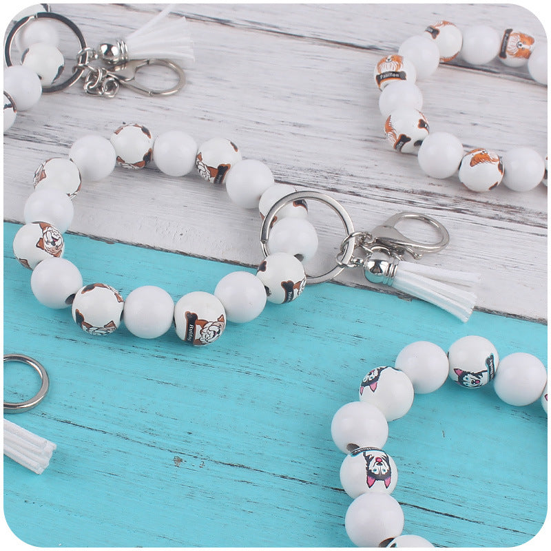 Wholesale Wooden Dog Leather PU Small Tassel DIY Beaded Bracelet Keychains