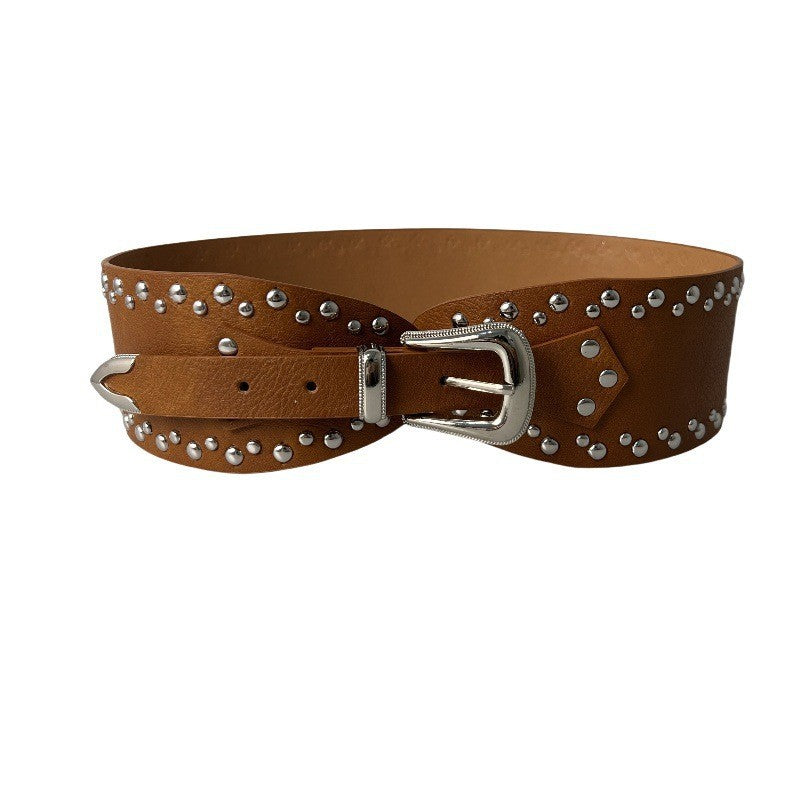 Wholesale Hot Girl Subculture Disc Hook Imitation Leather Retro Rivet Stitching Gold Waist Wide Belt