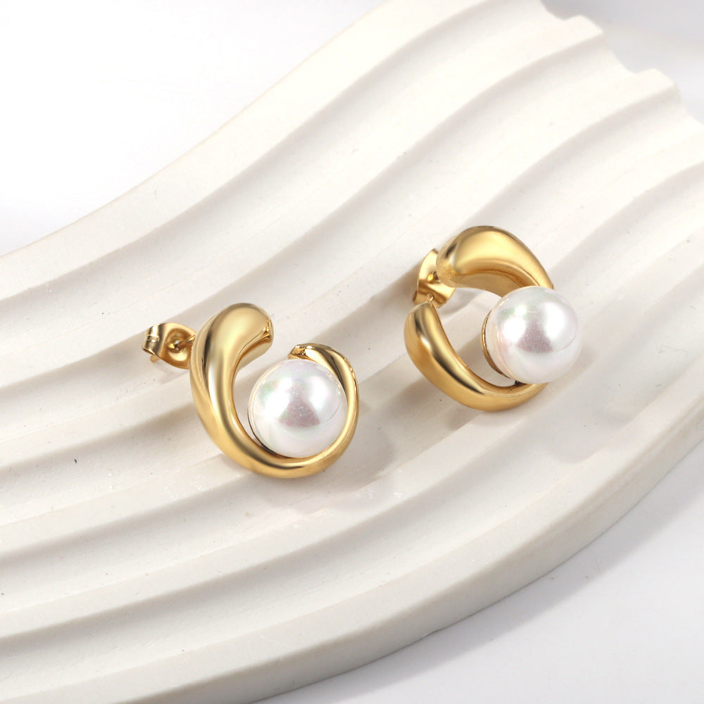 Wholesale 18k gold stainless steel earrings inlaid with pearls