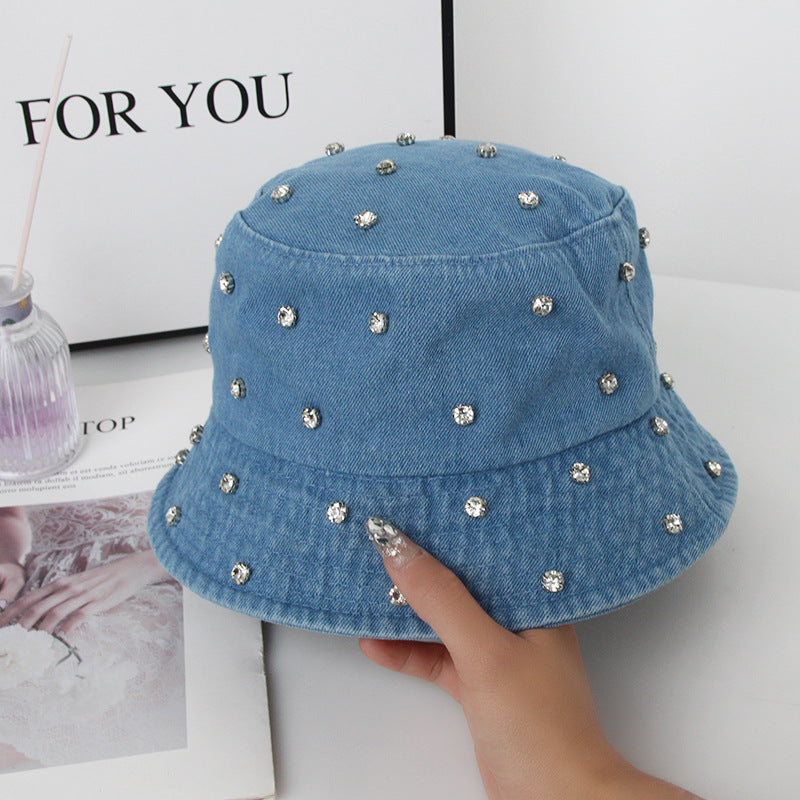 Wholesale Washed Denim Sun Protection Fisherman Hat with Rhinestones