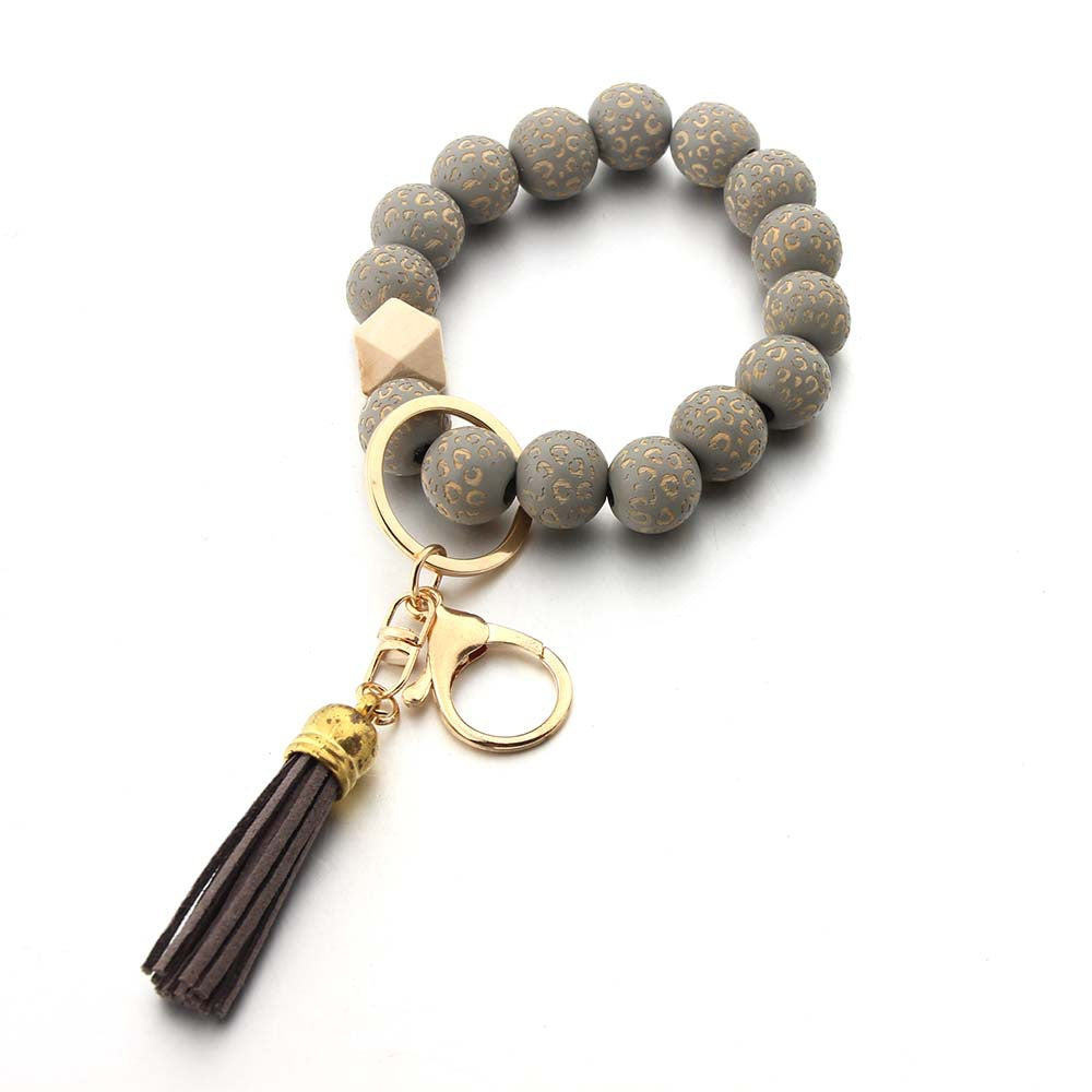 Wholesale Carved Printed Solid Wood Bead Bracelet Keychain