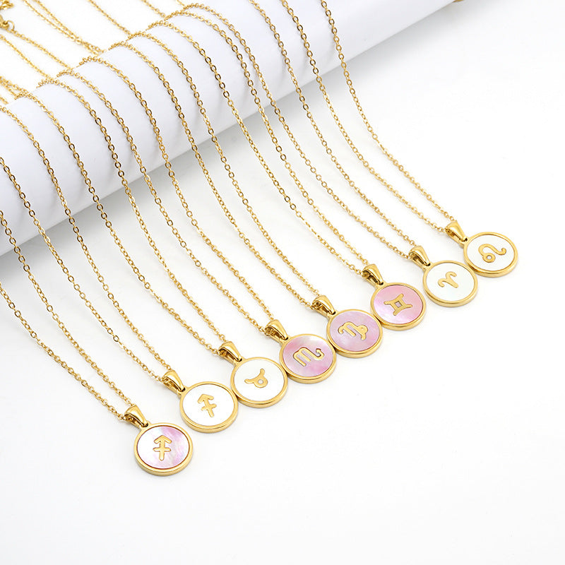 Wholesale Titanium Steel Circular Shell Twelve Constellation Necklaces
