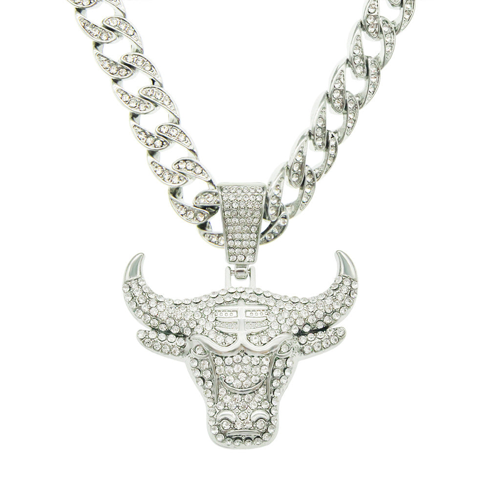 Wholesale Hip-Hop 3D Diamond Bull Head Necklace