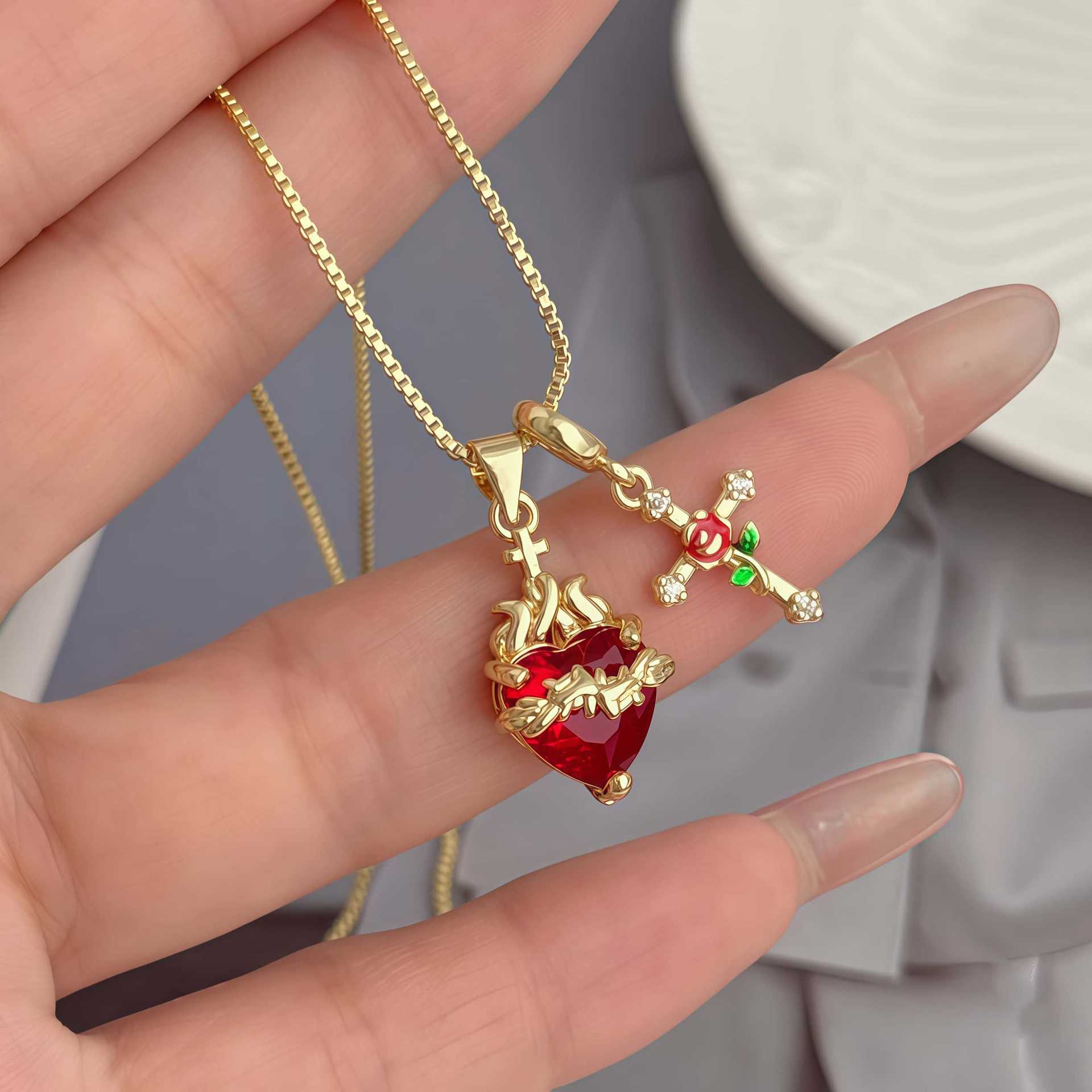 Wholesale Red Sacred Heart Cross Pendant Necklace Heart Shaped Collarbone Chain In Copper Fashion Jewelry Gift Accessory