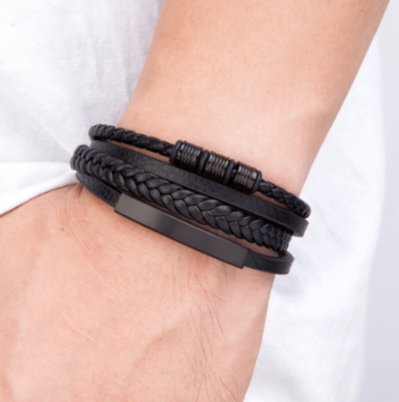 Wholesale Multi-layer Black Woven Popular Men's Leather Bracelet
