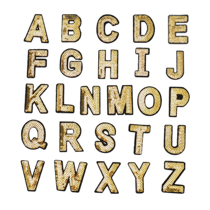 Wholesale Polyester Gold Sequin Alphabet Embroidered Patches For Coats Fashion Clothing Decorative Applique DIY Craft Supply