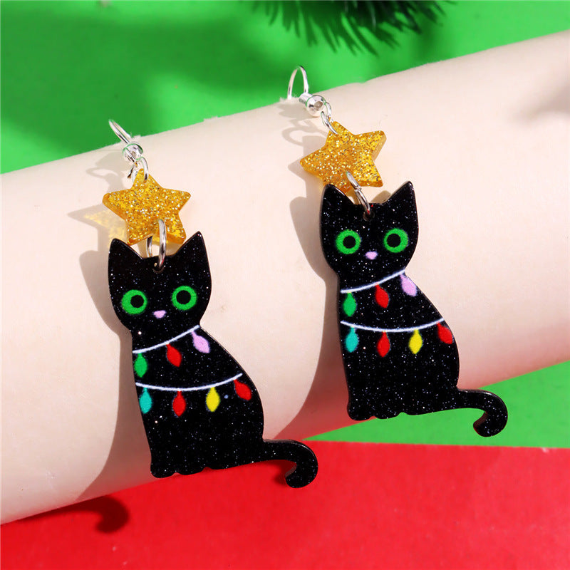 Wholesale Christmas Lantern Black Cat Bell Acrylic Pendant Earrings