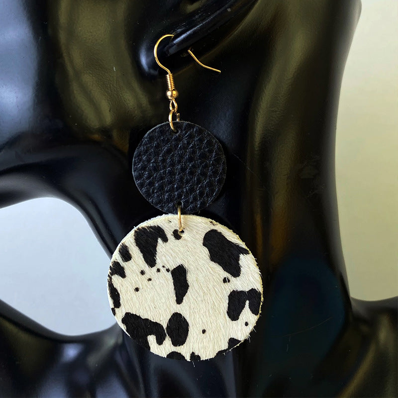 Wholesale 2pcs Cow Grain Leather Top Layer Cowhide Round Water Droplet Cow Head Retro Horsehair Quality Texture Fashionable Earrings