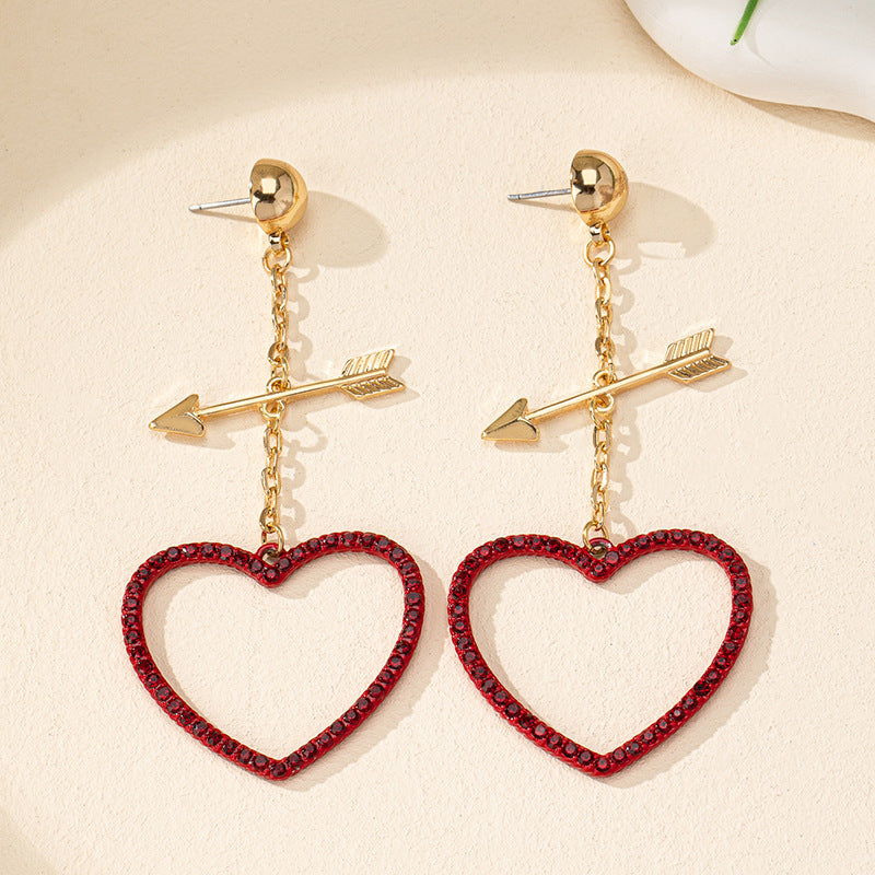 Wholesale Red Love Earrings Pierce Heart with One Arrow Advanced European and American Cross-border Qingdao Foreign Trade Jewelry Ladies Valentine's Day Gift