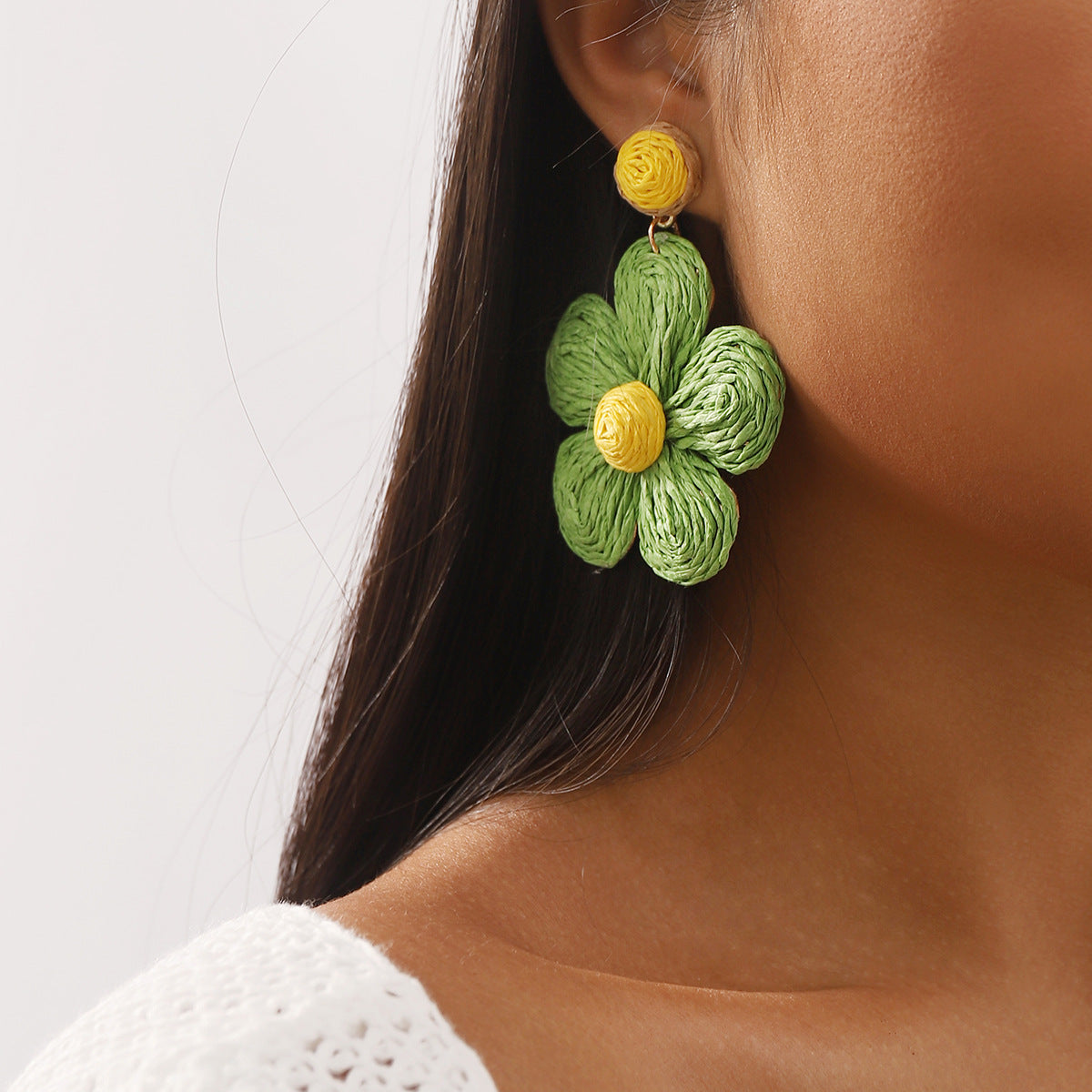 Wholesale Colorful Raffia Braided Flower Earrings