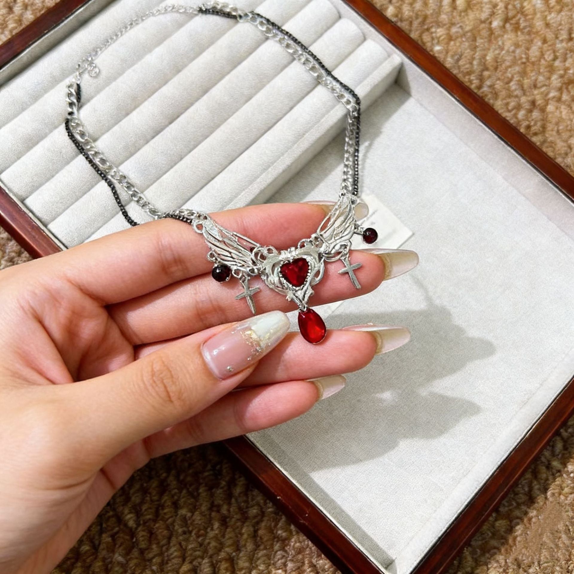 Wholesale Sweet Cool Red Angel Wings Gothic Cross Tassel Necklace