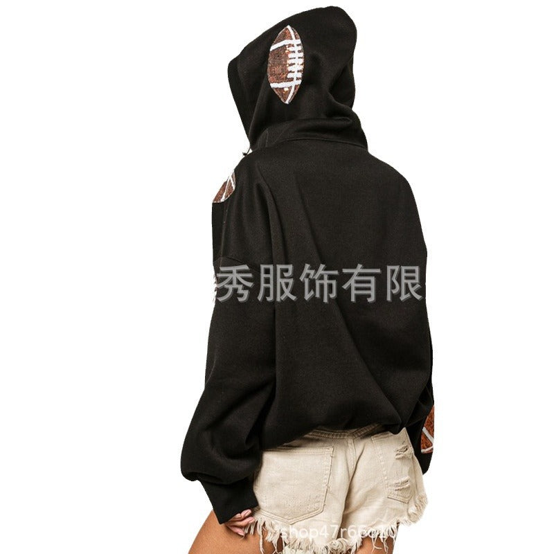 Wholesale Spring and Autumn Rugby Sequin Patchwork Hooded European and American Zipper Drawstring Long Sleeved Women Clothes