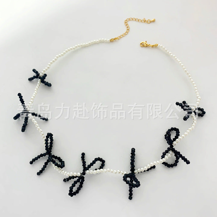 Wholesale Black and White Pearl Crystal Bow Braided Cute Princess Necklace