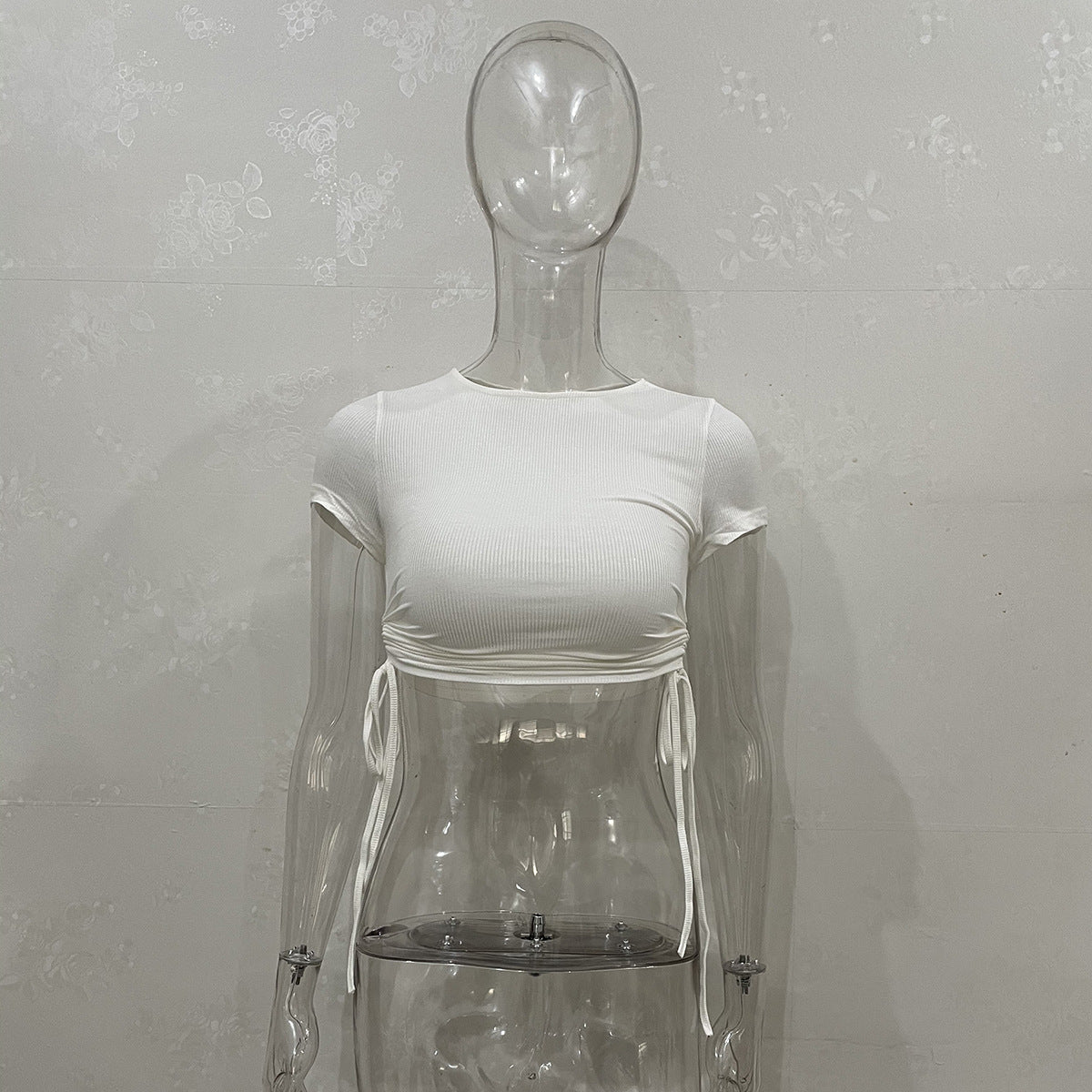 Wholesale Fashion Sexy Navel Stripe Short Drawstring Round Neck Short Sleeve