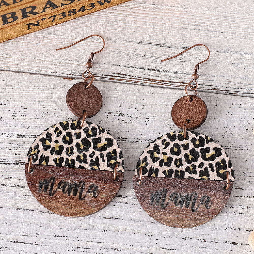 Wholesale Mother' s Day Leopard Round Pieces ing Pendant Wooden Earrings