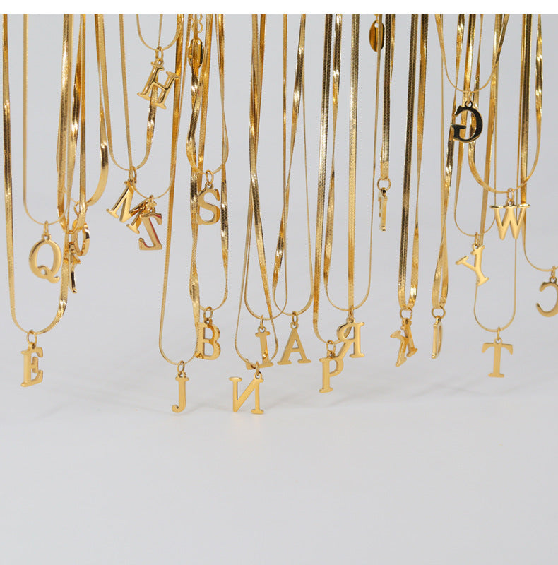 Wholesale Titanium Steel Gold Plated 26 English Letters Snake Bone Flat Necklace