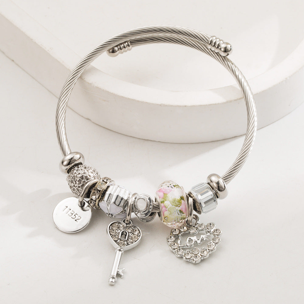 Wholesale  Stainless Steel Bracelet  Crystal Beaded Love Key Pendant Bracelet