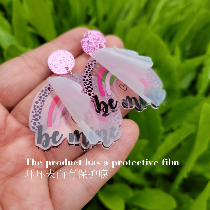 Wholesale Valentine' s Day Pink Leopard Shining Pink Love Boots Rainbow Earrings