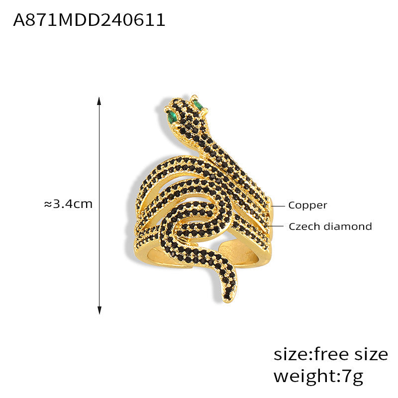 Wholesale Ins Internet Celebrity Explosive Copper Gold Plated Zircon Snake Ring Women's European and American Fashion Light Luxury All-match Cross-border Supply