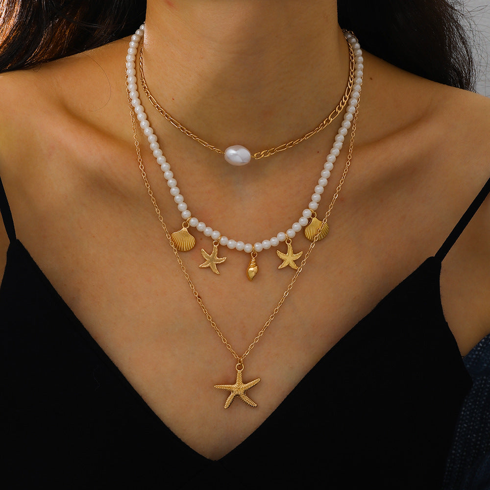 Wholesale Trendy Multi Layer Shell Starfish Necklace Beach Collarbone Chain Boutique Resale Jewelry Accessory