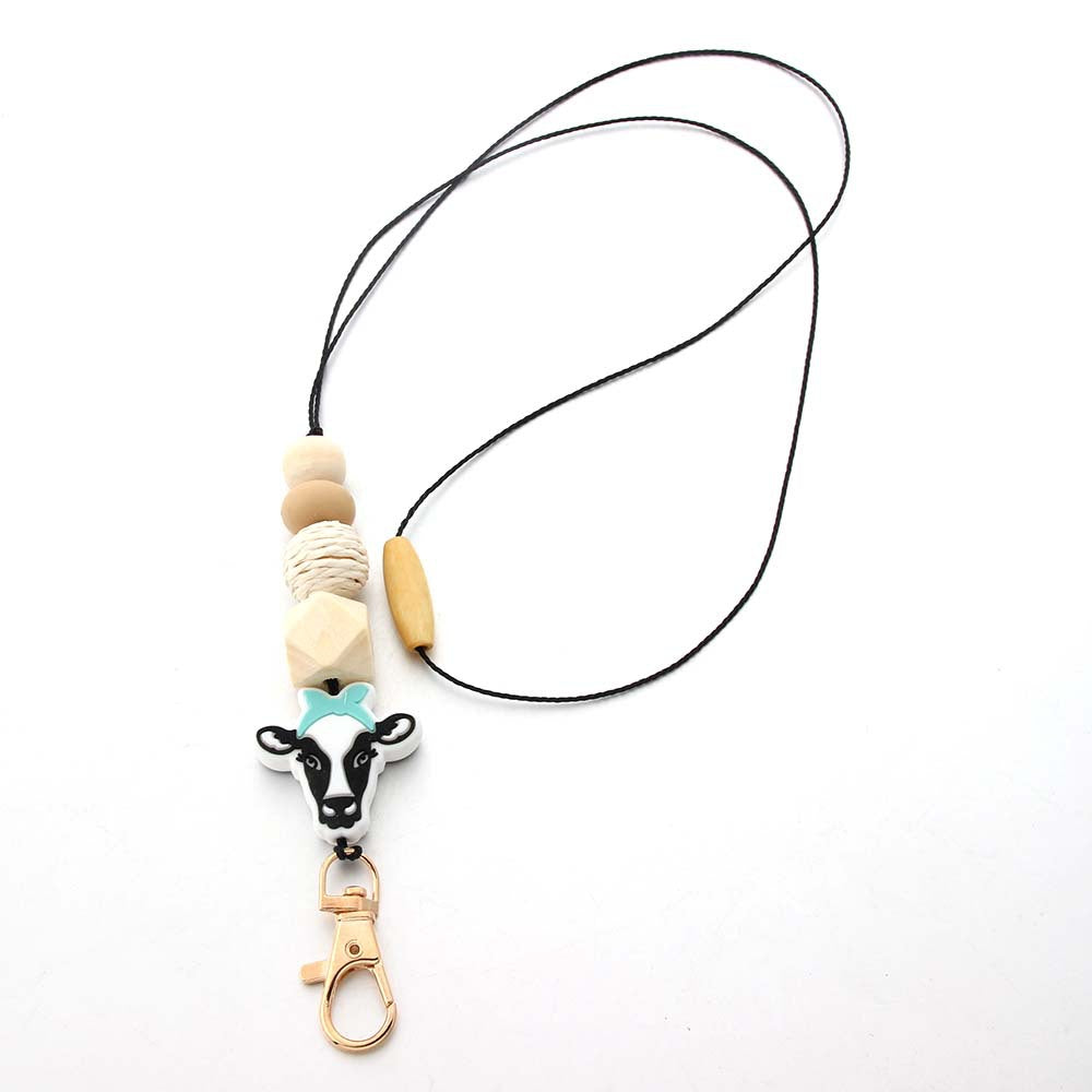 Wholesale Bohemian Style Beaded Silicone Wooden Beads Lanyard Bull Head Keychain