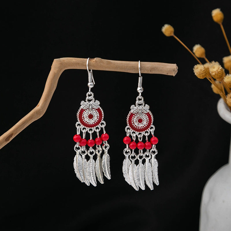 Wholesale Ethnic Style Long Style Feather Tassel Alloy Earrings