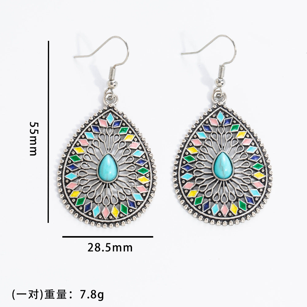 Wholesale 10pcs Vintage turquoise earrings geometric inlay Bohemian alloy personality earrings