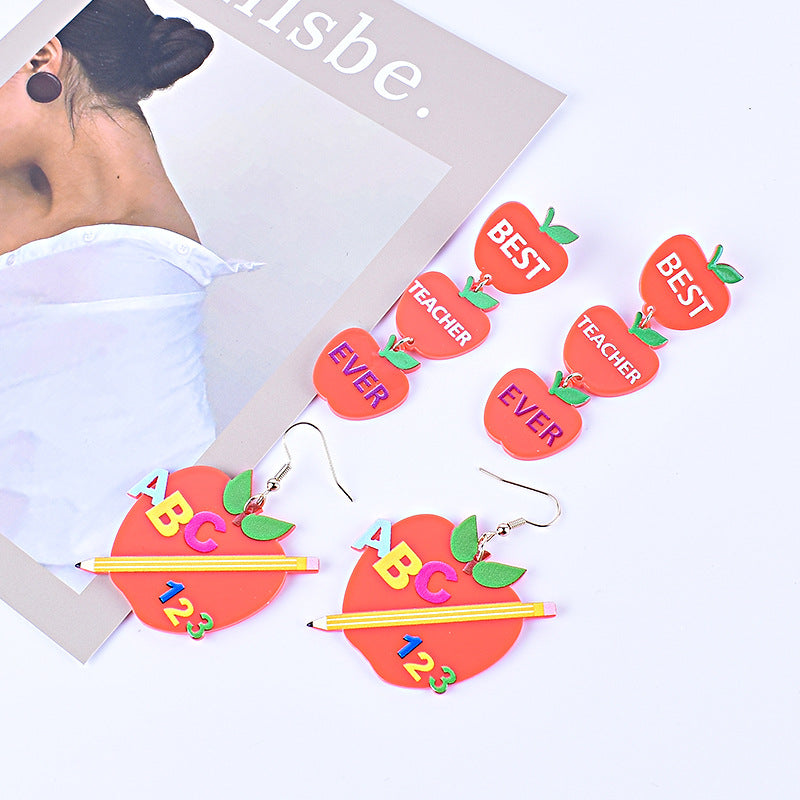 Wholesale Teacher's Day Back To School Season Pencil Rainbow Book Bag Book Red Apple Acrylic Earrings