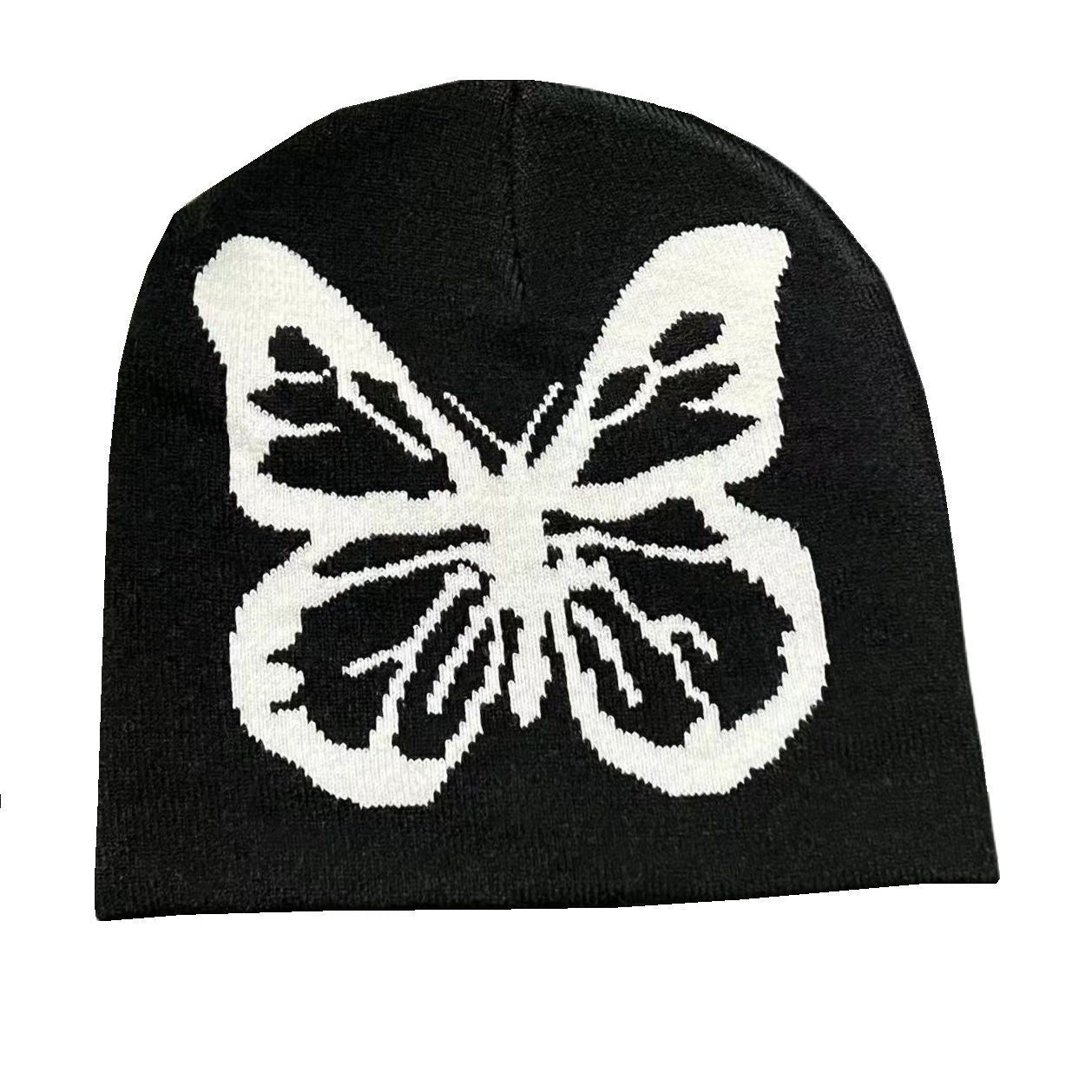 Wholesale Acrylic Black and White Pattern Butterfly Knitting Warm and Cold Proof Wool Cap