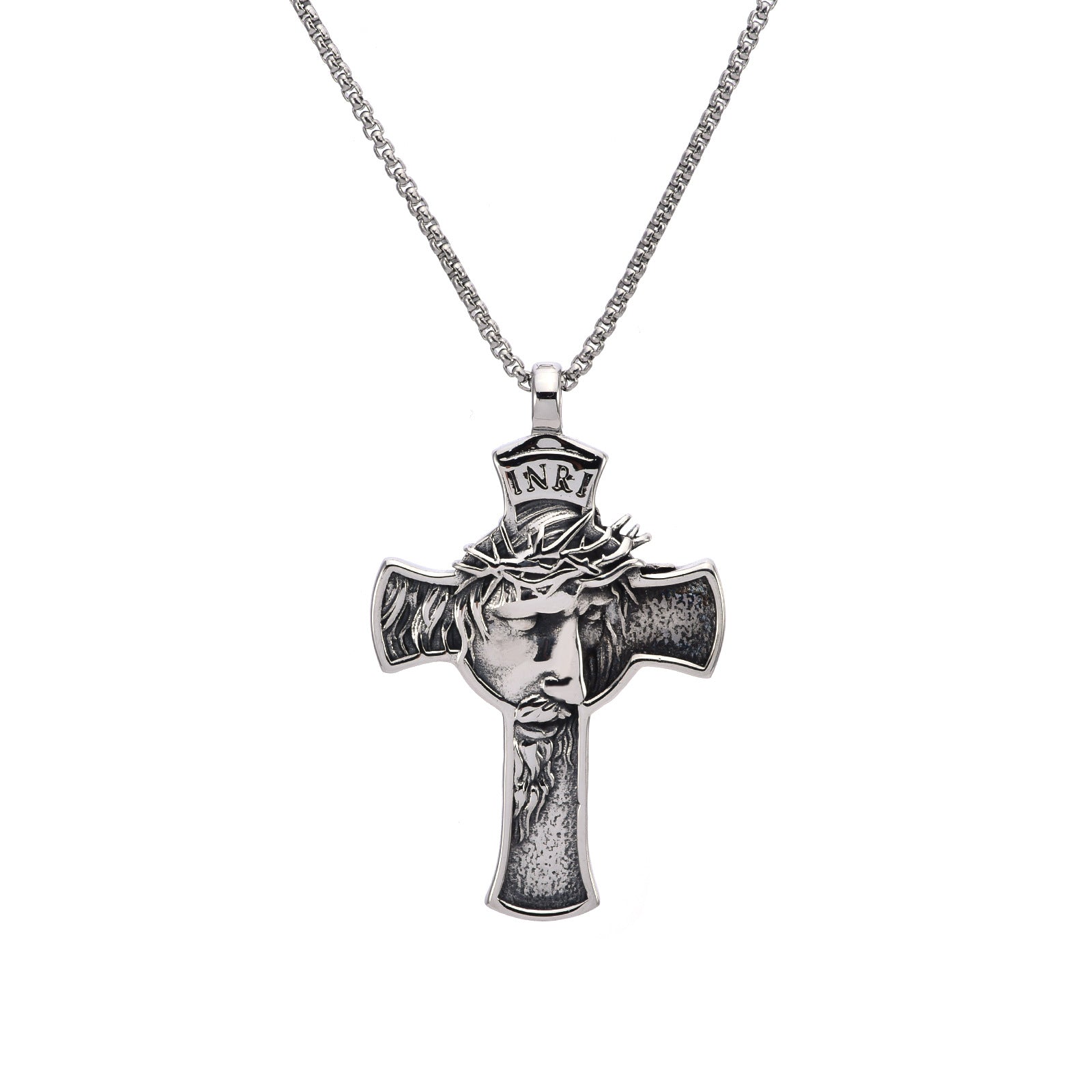 Wholesale Retro Portrait Thorn Crown Cross Stainless Steel Men's Necklace
