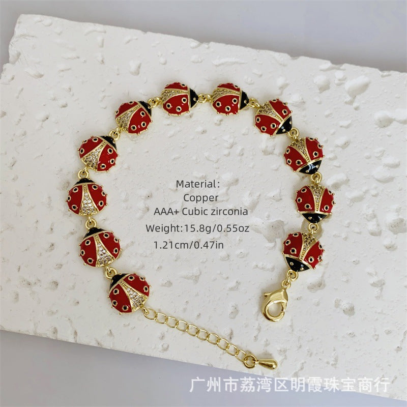 Wholesale  Copper Plated 18k Gold Cute Style Cherry Ladybug Bracelet