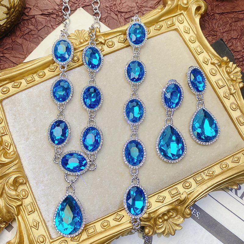 Wholesale Light Luxury Diamond Crystal Gemstone Water Drop Necklace Earrings Bracelet Three Sets