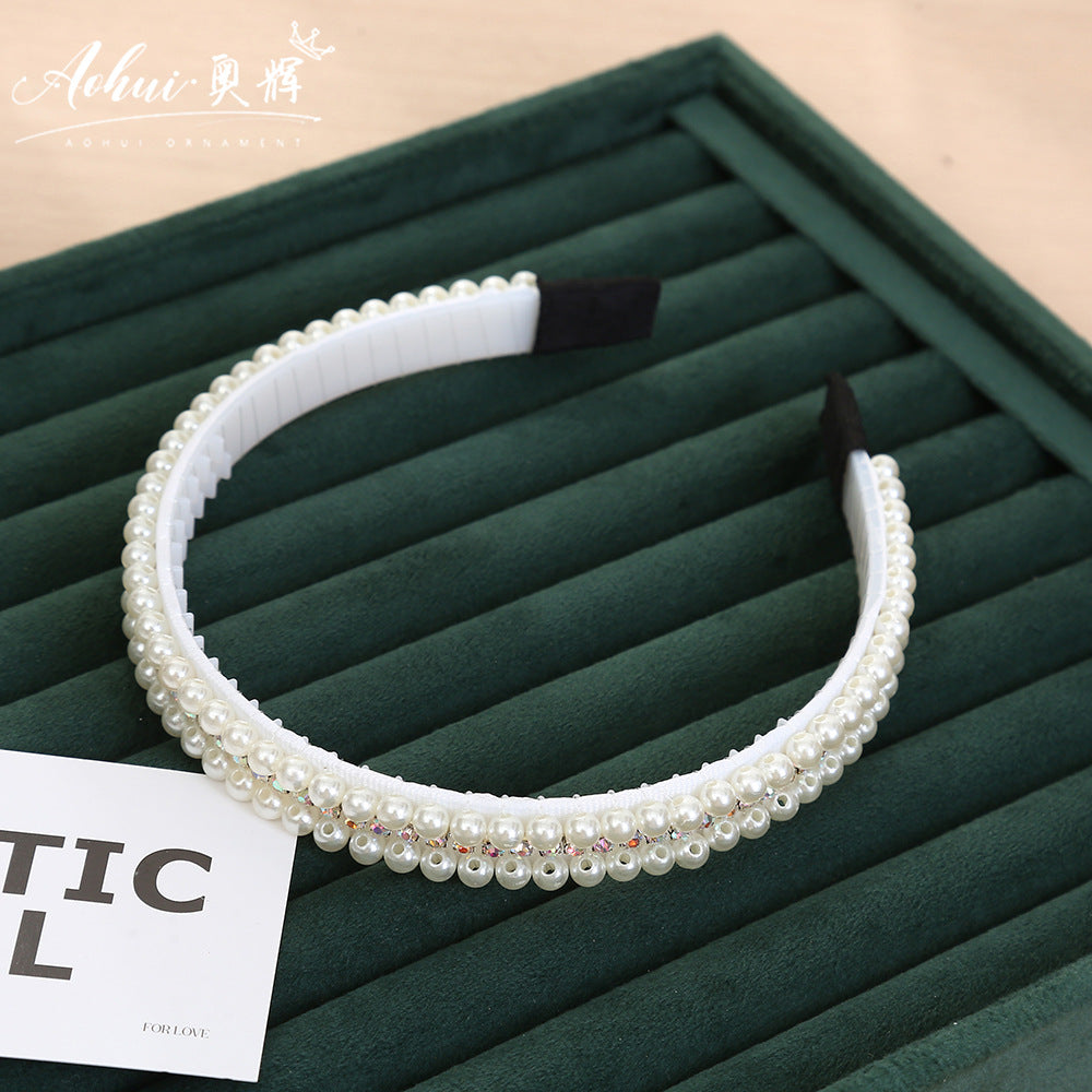 Wholesale Hand-woven imitation pearl headband wrapped headband bridal hair accessories crown bow versatile hairpin female