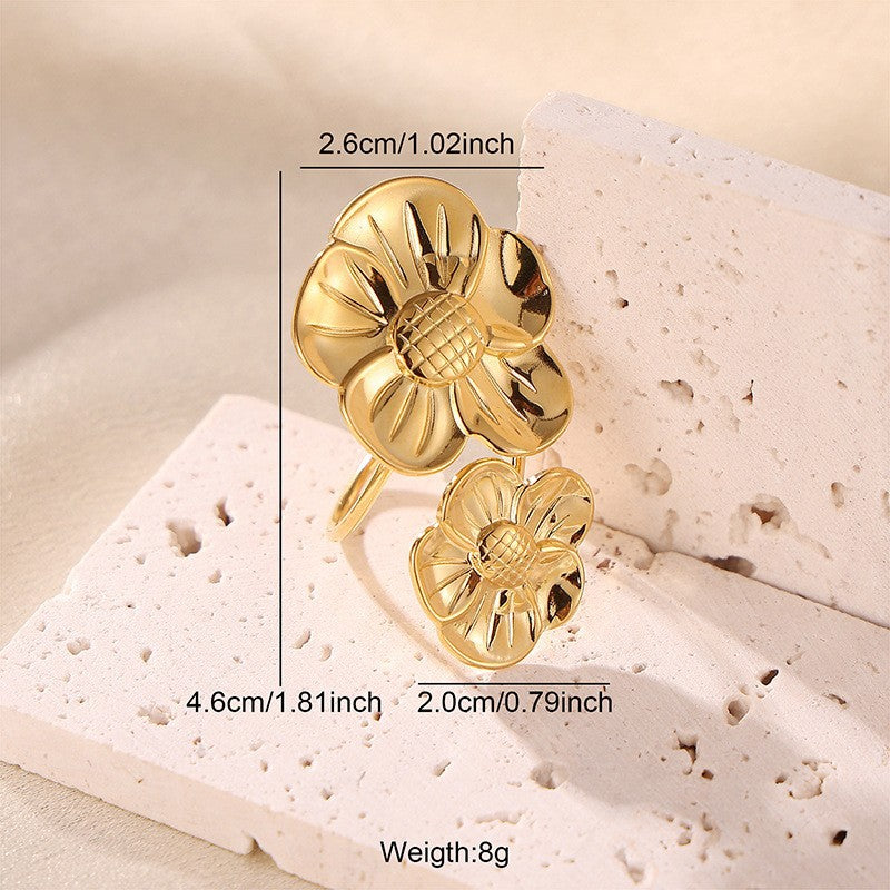 Wholesale Stylish Women S Snake Floral Ring Set Gold Tone Stainless Steel Adjustable Open Fashion Jewelry Accessory