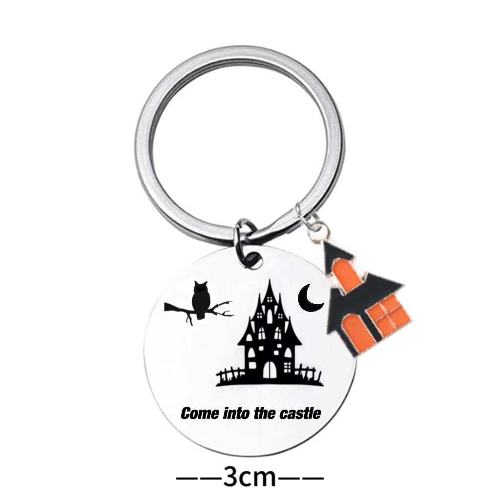Wholesale Halloween Cartoon Owl Castle Stainless Steel Keychain