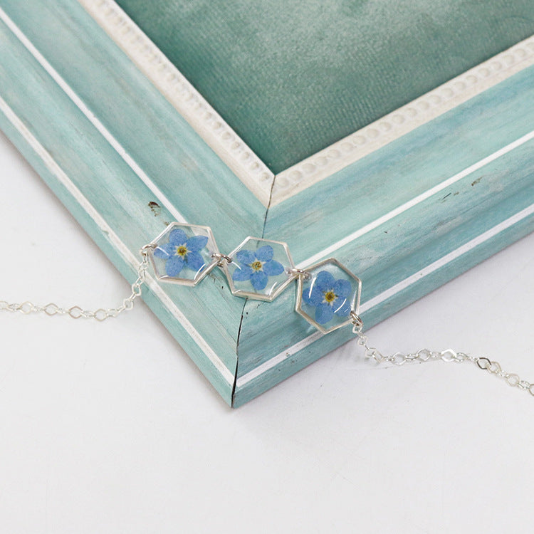Wholesale 6pcs Sterling Silver Hexagonal Blue Three Forget-me-not Bracelet