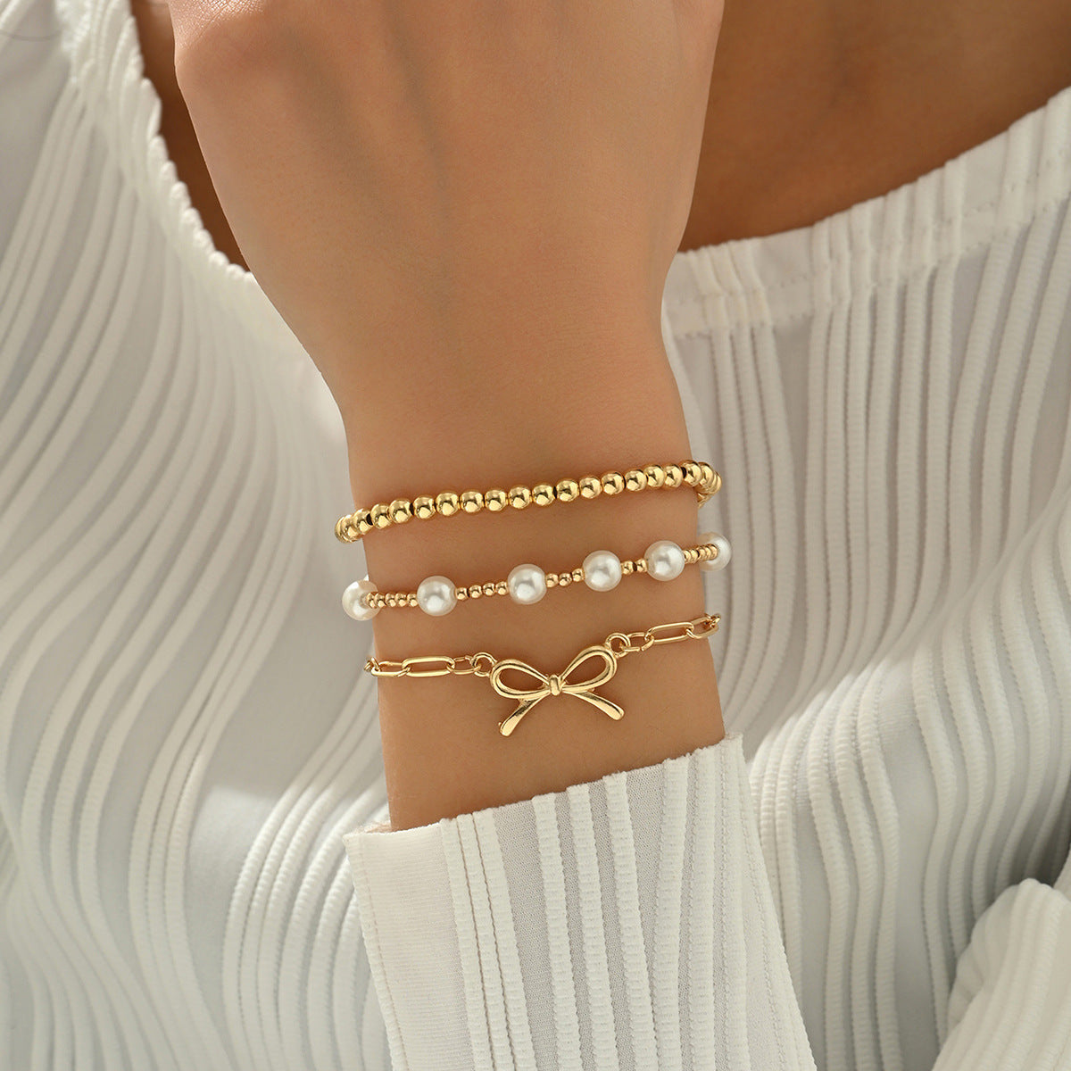 Wholesale Minimalist Bow Star Faux Pearl Bracelet Set Trendy Women S Layering Jewelry Accessory Boutique Resale Gift