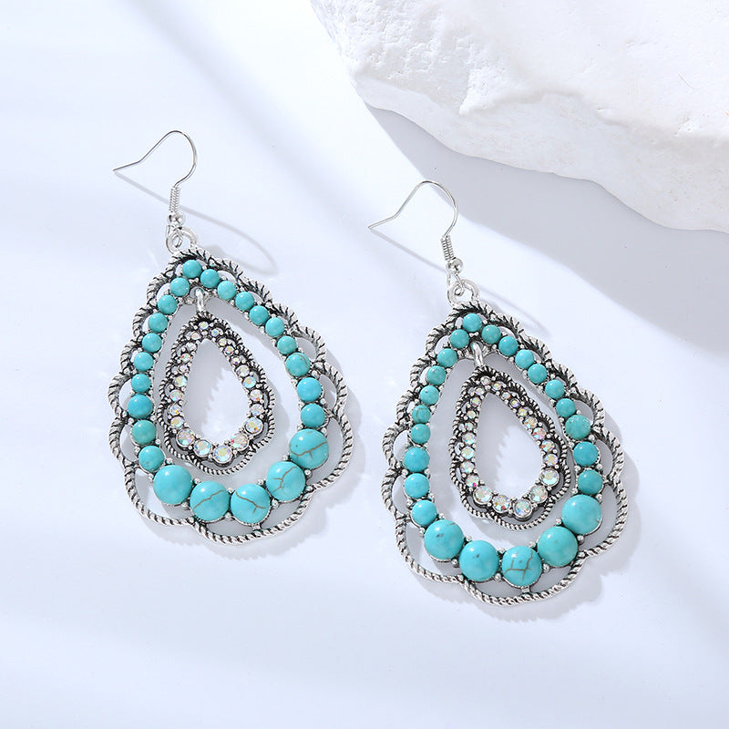 Wholesale Double-layer teardrop hollow inlaid turquoise vintage earrings