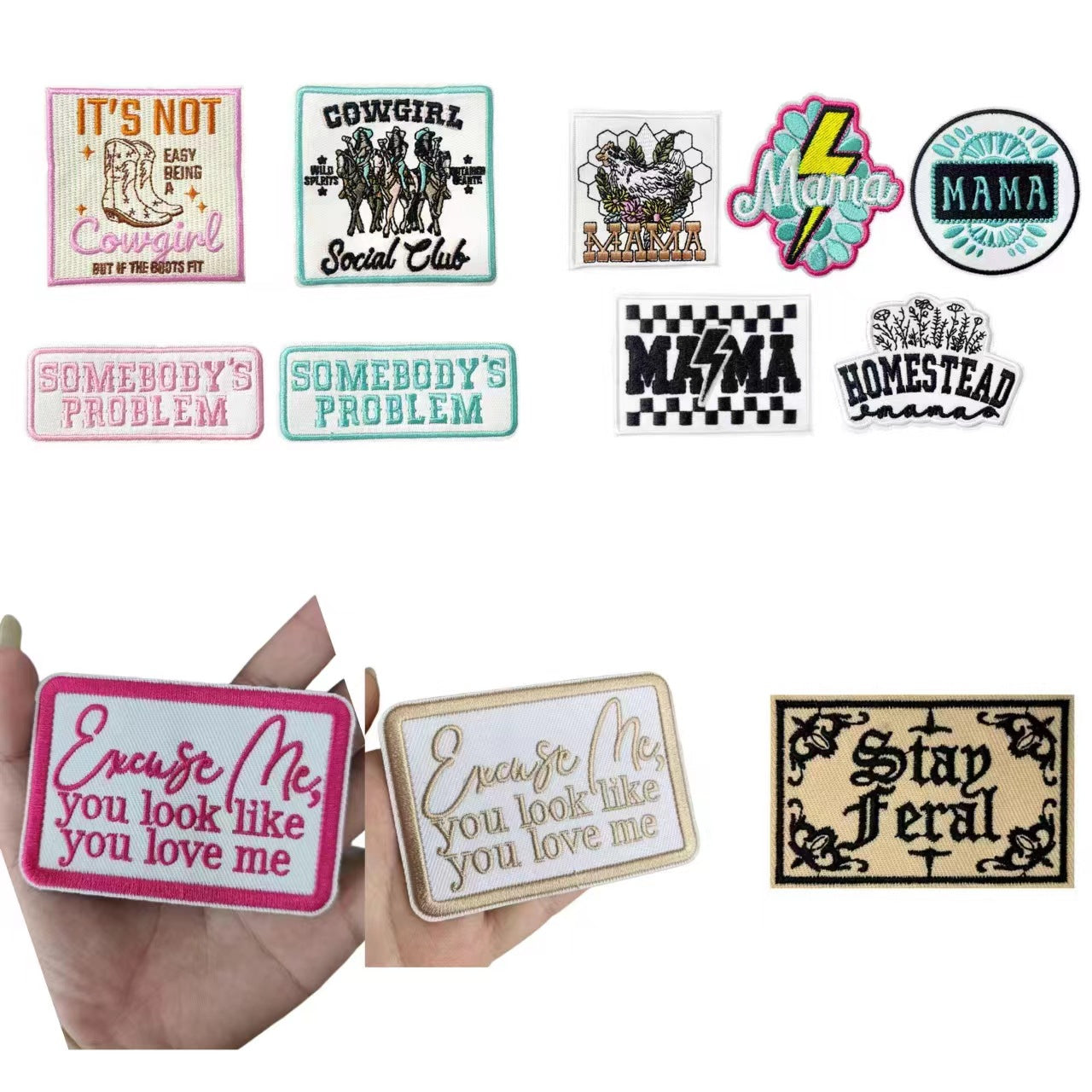 Wholesale Chic Retro Text Embroidered Patch With Iron On Backing Cowgirl Mama Stay Feral Excuse For Coat Craft And Fashion Accessory Resale