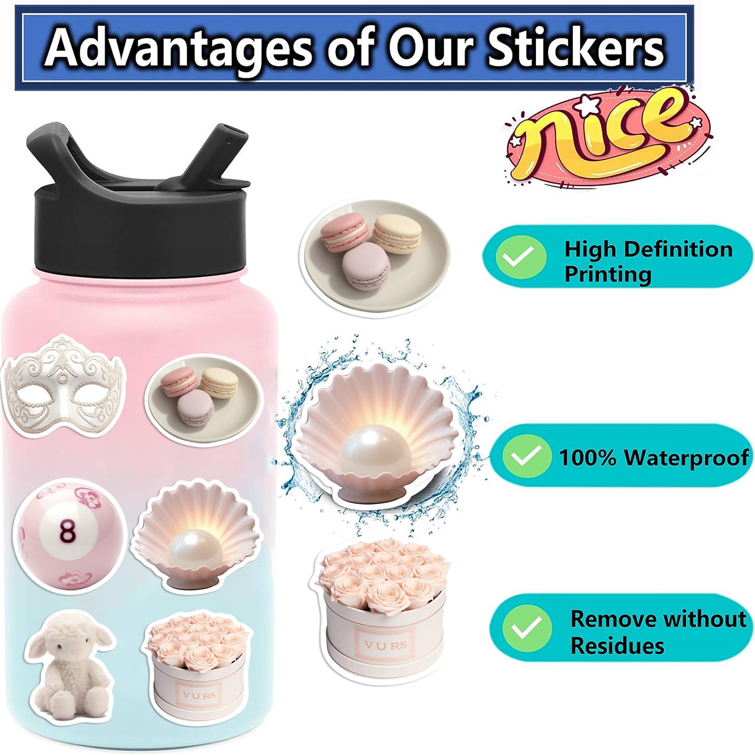 Wholesale 50pcs Pink Gentle Cartoon Girl Style Waterproof Vinyl Stickers