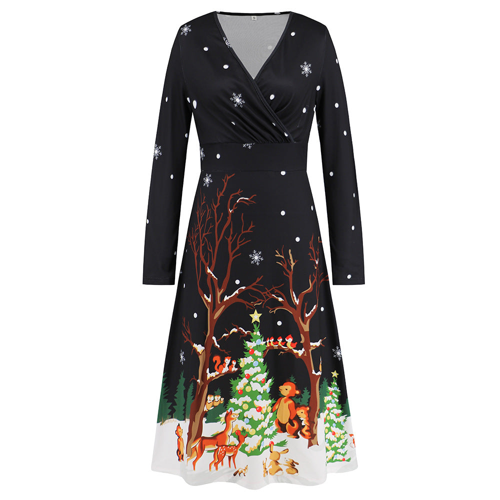 Wholesale Women's V Neck Long Sleeve Christmas Printed Dress
