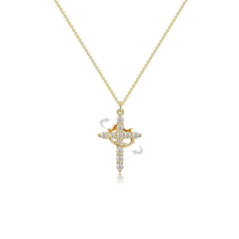 Wholesale Full Diamond Rotating Crown Cross Pendant Necklace