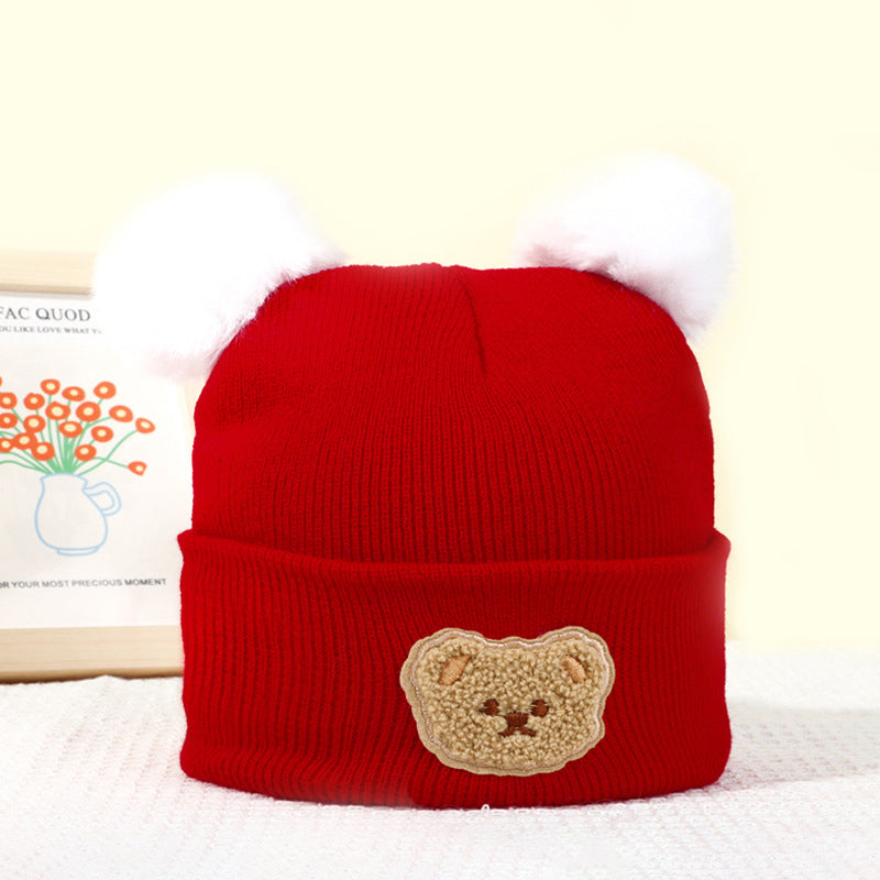 Wholesale Children's Fur Ball Knitted Hat Bear Embroidered Warm Woolen Hat