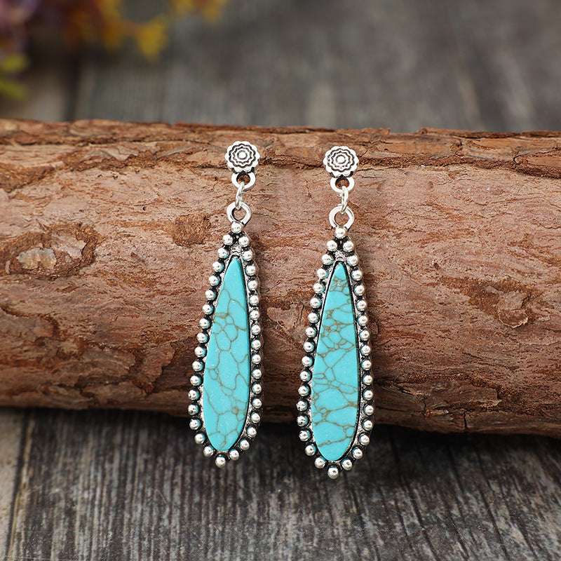 Wholesale Bohemian Retro Style Long Exaggerated Inlaid Turquoise Alloy Earrings